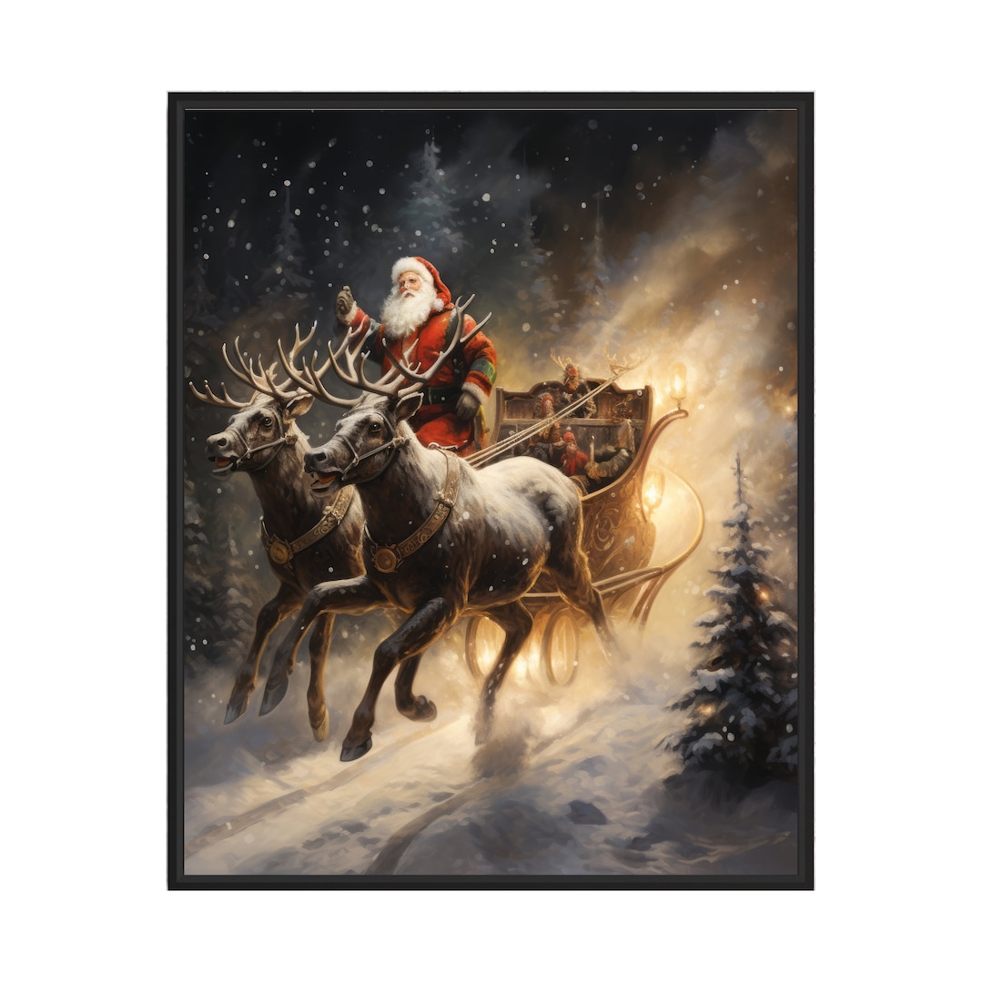 Santa's Sleigh Poster Art Print, Holiday Christmas Wall Decor Painting ...