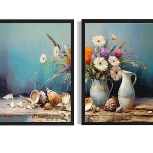 Póster con jarrón de flores y conchas marinas (juego de 2), pintura abstracta para pared, decoración para sala de estar