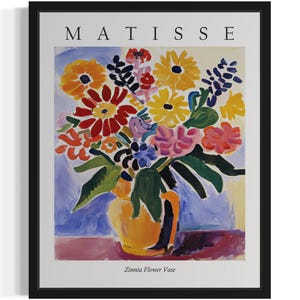 Póster con estampado artístico de jarrón de flores de zinnia, cuadro de arte mural con flores de Matisse, obra de arte para decoración de sala de estar