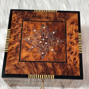 7"x7" Moroccan large lockable burl wooden jewelry Box organizer with key Decorative Box with Latch-Wood Storage Box with hinged Decorative