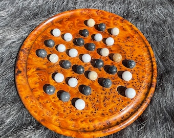 Marble Solitaire Boards, 8 Solitaire Game Thuya Wood Handmade Moroccan Board with Marble Balls Unique Handcrafted Wooden Home Decor Piece.