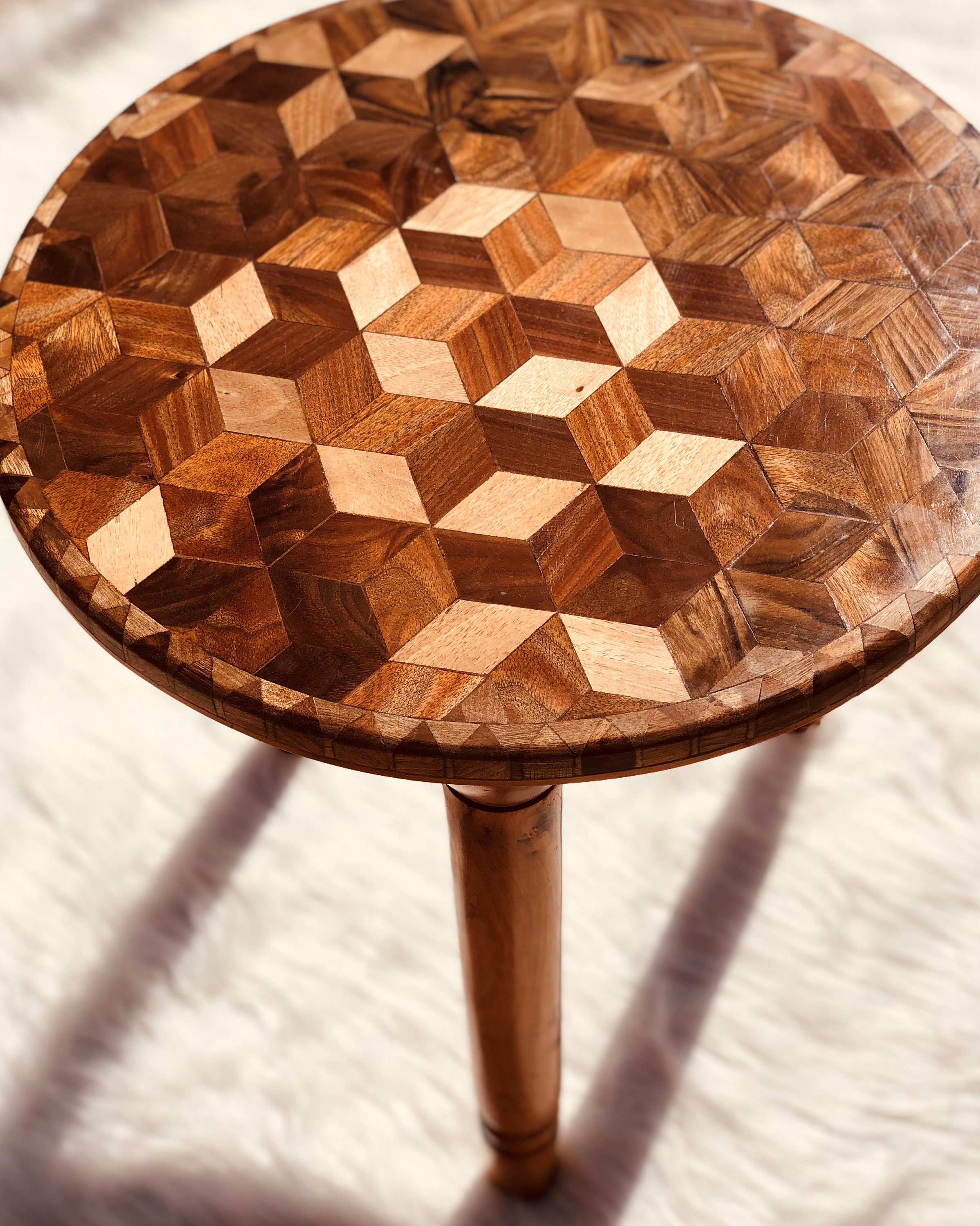moroccan wood table made for thuya and walnut wood , brown handmade from wood, handmade boho coffee and tea table round vintage coffee table