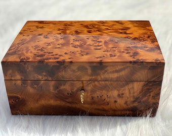 Caja de joyería burl de alta calidad de 10"x6", caja de joyería de madera, caja de thuya con llave de bloqueo, caja decorativa, caja de memoria, idea de regalo, regalo de Navidad