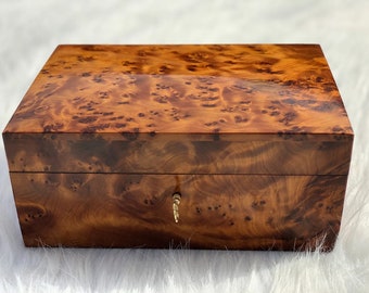 12"x7" Thuja wood box Hand Carved Wooden Multipurpose Keepsake Jewelry, Luxury Lockable Thuja Burl Wood Jewelery Box with Key, Couples Gift