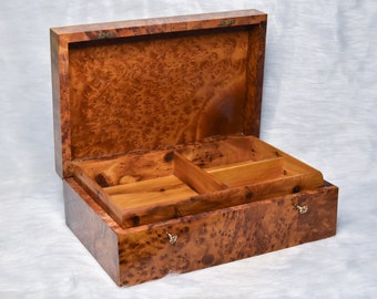 Caja de joyería burl de alta calidad de 15 "x 10", caja de joyería de madera, caja de thuya con 2 llaves de bloqueo, caja decorativa, caja de memoria, idea de regalo, regalo de Navidad