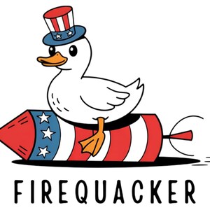 May include: A white duck wearing a red, white, and blue hat is riding on a red, white, and blue firework. The firework has a lit fuse and is flying through the air. The text "FIREQUACKER" is written below the image.