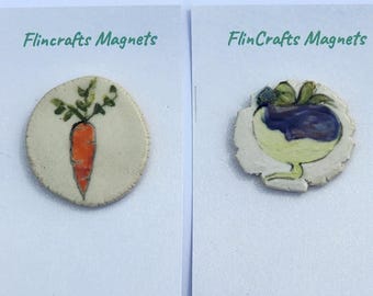 Hand Crafted Vegetable Magnets Set, Scallion, Carrot, Tomato, Turnip (1.125" Diameter)