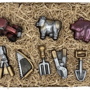 Op de afbeelding: Een doos gevuld met bruin versnipperd papier met daarin een verscheidenheid aan chocoladefiguurtjes. De figuurtjes omvatten een rode tractor, een zilveren koe, een paars varken, een gouden snoeischaar, een gouden zaag, een gouden handhark, een zilveren snoeischaar en een gouden schop.