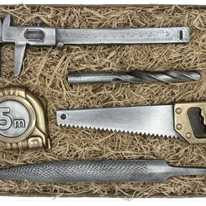 Könnte beinhalten: Eine Sammlung von Miniatur-Metallwerkzeugen, darunter ein Messschieber, ein Bohrer, ein Maßband (5m), eine Säge und eine Feile, präsentiert in einem Karton mit Stroh gefüllt. Die Werkzeuge haben eine silberne Oberfläche mit Messingakzenten.