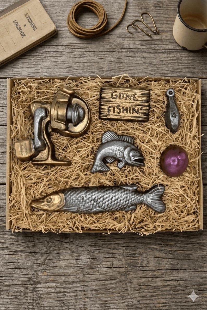 Peut inclure: Un coffret cadeau sur le th&egrave;me de la p&ecirc;che rempli de paille. L'ensemble comprend un moulinet, des ornements en forme de poisson, un poids, une pancarte avec l'inscription "GONE FISHIN" et une boule violette. Les articles sont en m&eacute;tal.