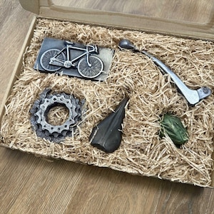 May include: A gift box filled with brown packing peanuts and five metal objects: a bicycle, a gear, a lever, a small metal object, and a green object.