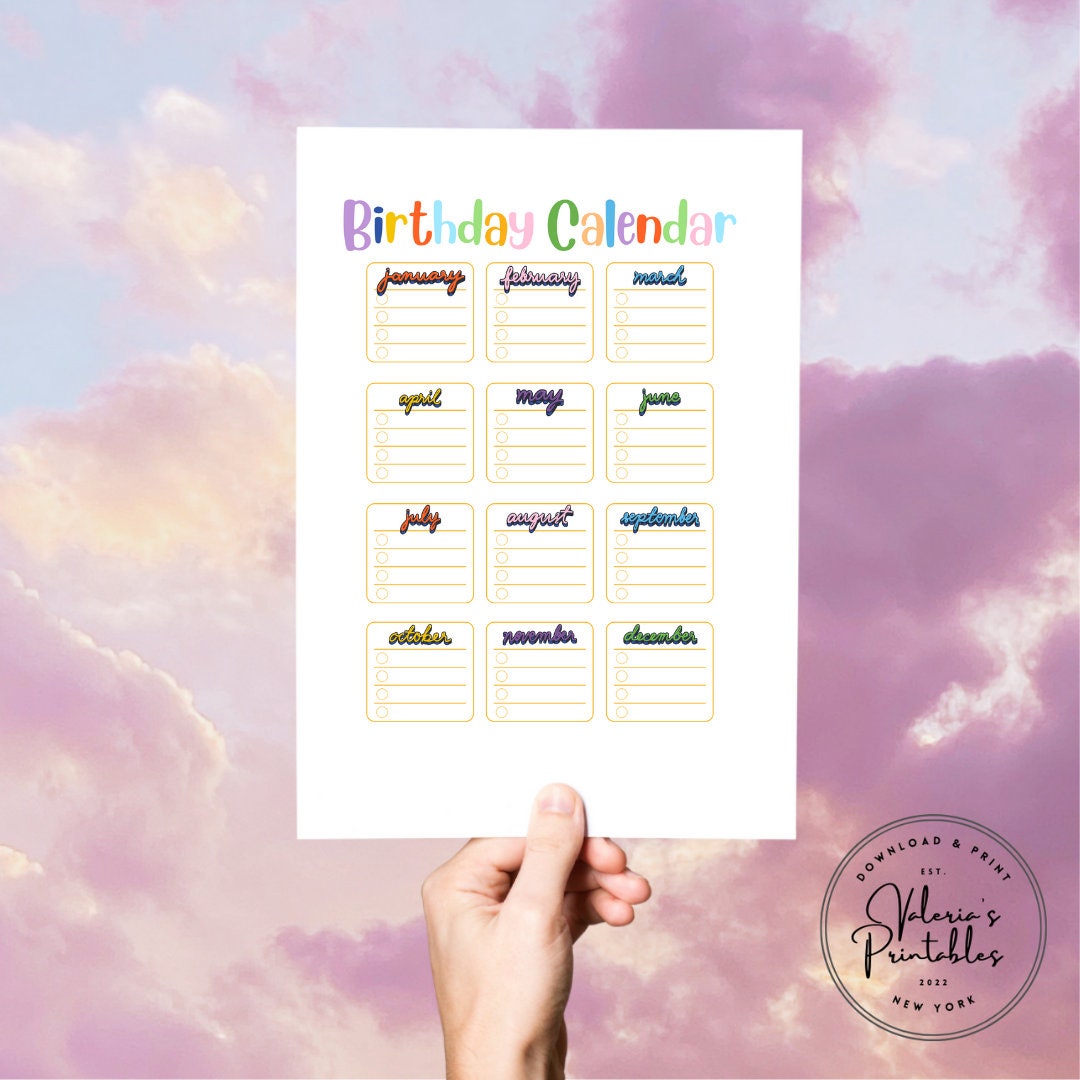 Colorful Birthday Calendar Printable DIGITAL DOWNLOAD Birthday