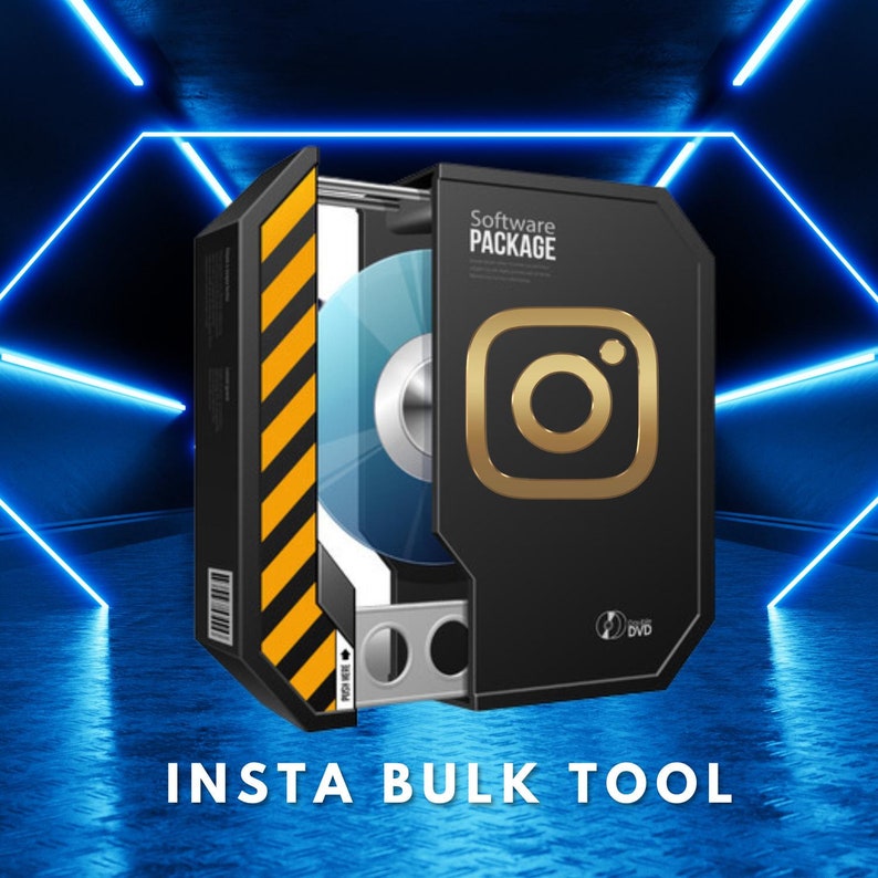 May include: A black DVD case with a yellow and black warning stripe design. The case has a blue disc inside and a gold Instagram logo on the front. The text "Software Package" and "Insta Bulk Tool" are printed on the case.