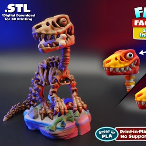 Puede incluir: Un modelo de esqueleto de dinosaurio impreso en 3D con una cabeza que se puede encajar. El modelo está impreso en plástico marrón y naranja. El modelo se imprime en su lugar sin soportes. El modelo está disponible para descarga digital en formatos STL y 3MF. "Flexi FACTORY" y "3MF Files Included!" están escritos en la imagen.