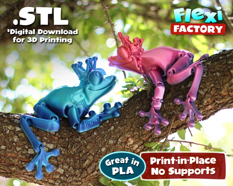 May include: Two 3D printed articulated frog figurines, one blue and one pink, are perched on a tree branch. Both frogs are wearing crowns and have a playful expression. The text "STL *Digital Download for 3D Printing" is at the top of the image. The text "Flexi FACTORY" is at the top right of the image. The text "Great in PLA" is at the bottom left of the image. The text "Print-in-Place No Supports" is at the bottom right of the image.