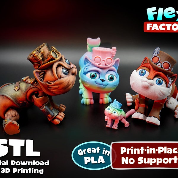 Flexi Factory Print-In-Place Steampunk Cat 3D STL and 3MF Files for printing!