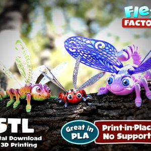 May include: Three brightly coloured, articulated insect models, including a dragonfly and a beetle, are displayed on a tree branch. The models are in shades of purple, orange, red, and green. The image includes the text ".STL *Digital Download for 3D Printing", "Great in PLA", and "Print-in-Place No Supports".