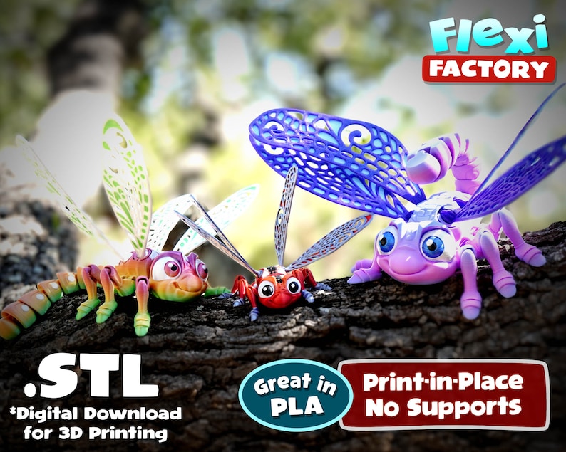 May include: Three brightly coloured, articulated insect models, including a dragonfly and a beetle, are displayed on a tree branch. The models are in shades of purple, orange, red, and green. The image includes the text ".STL *Digital Download for 3D Printing", "Great in PLA", and "Print-in-Place No Supports".