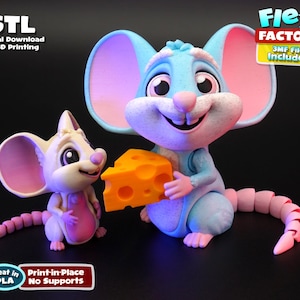 May include: Two cartoon mice, one holding a cheese block. The larger mouse is light blue with pink ears and a pink tail. The smaller mouse is white with pink ears and a pink tail. Text on the image includes '.STL Digital Download for 3D Printing' and 'Flexi Factory'.