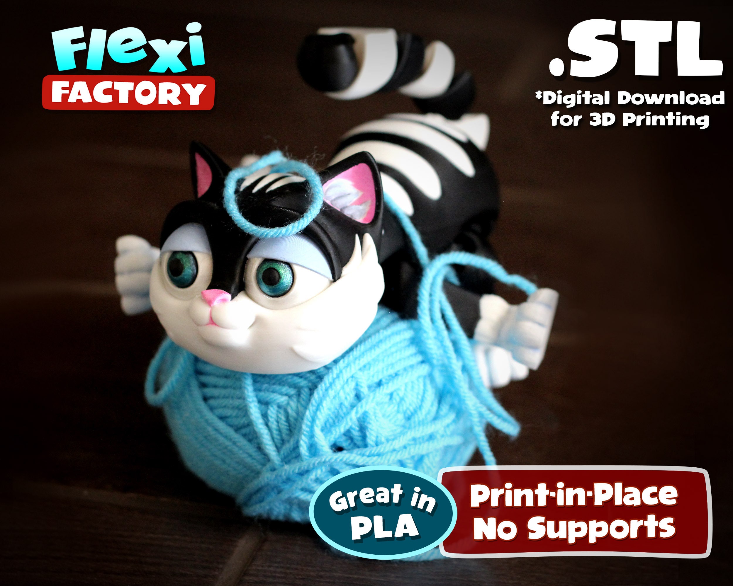 Cute Flexi Factory Print-In-Place Kitten 3D STL and 3MF Files for printing!