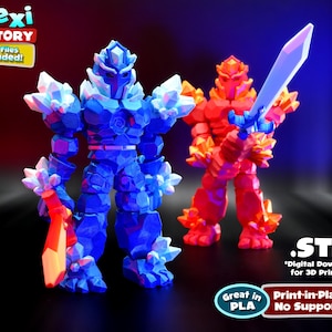 Puede incluir: Dos figuras de acción articuladas, una azul y otra roja, cada una sosteniendo una espada. La figura azul tiene una apariencia cristalina, mientras que la figura roja tiene un aspecto ardiente. Las figuras son productos Flexi Factory, con archivos 3MF incluidos.