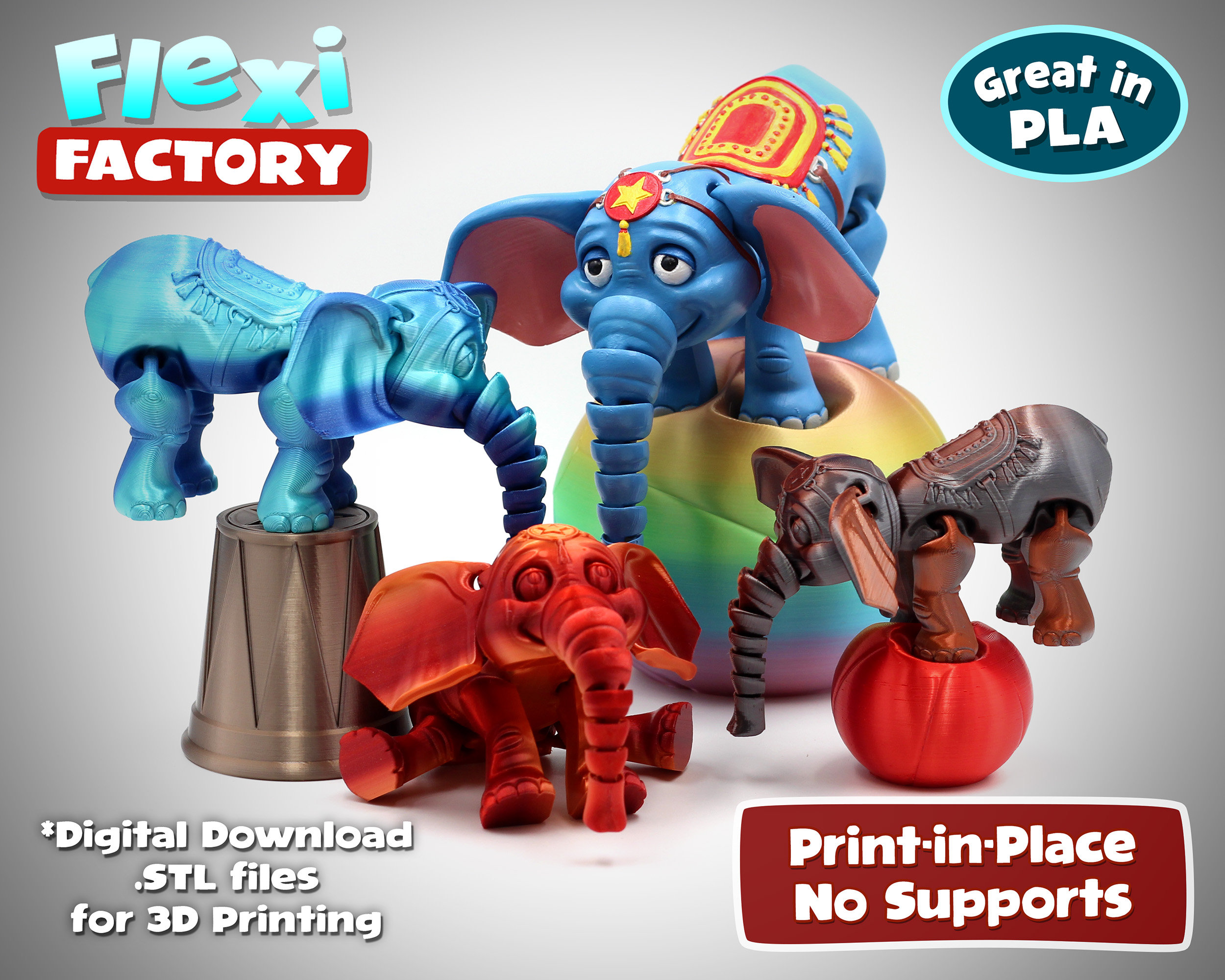 Cute Flexi Print-in-place Circus Elephant - STL File for 3D