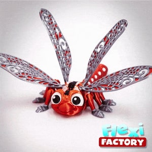 May include: A red and grey articulated dragonfly toy with detailed wings. The toy has a smiling face and is labelled "Flexi Factory" in a red and blue font.