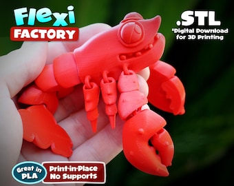 May include: Red 3D printed articulated lobster toy. The toy is designed to be printed in place with no supports needed. The toy is printed in PLA plastic. The image includes the text "Flexi FACTORY" and ".STL *Digital Download for 3D Printing".