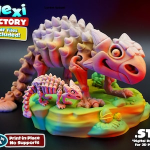 May include: A 3D printed model of a pink and white dinosaur with a smaller dinosaur beside it. The dinosaurs are posed on a green, yellow, and orange base. The text "Flexi FACTORY 3MF Files Included!" is in the top left corner of the image. The text ".STL *Digital Download for 3D Printing" is in the bottom right corner of the image. The text "Great in PLA Print-in-Place No Supports" is in the bottom left corner of the image.