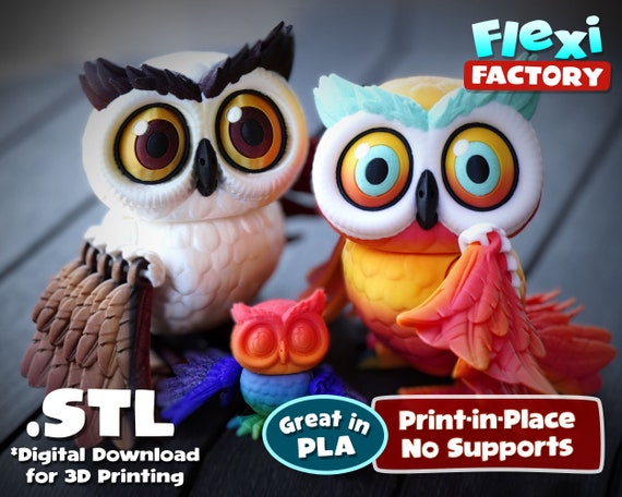 Flexi Factory Owl Print-in-place 3D STL and 3MF Files for Printing
