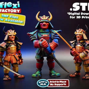 Puede incluir: Tres figuras de samuráis impresas en 3D en varios colores, incluyendo rojo, azul, verde, dorado y naranja. Las figuras sostienen espadas y están en poses de combate. La imagen incluye el texto "Flexi FACTORY 3MF Files Now Available!" y ".STL *Descarga digital para impresión 3D".