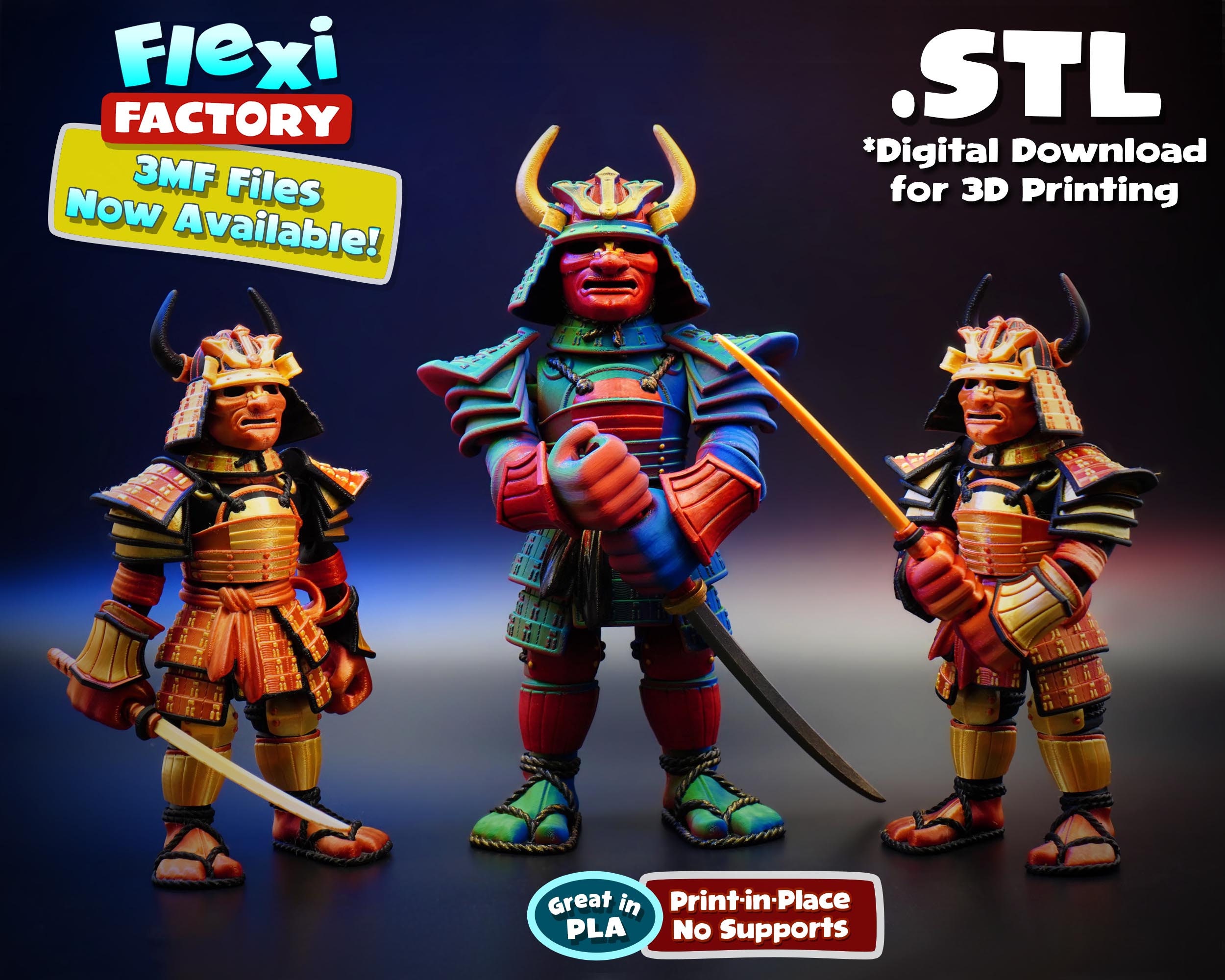 Flexi Factory PRINT-IN-PLACE Samurai - Prusa と Bambu の塗装済み