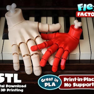 May include: Two articulated 3D printed hands, one white and one red, are posed on a piano keyboard. The text "Flexi FACTORY" is visible above the keyboard. The text ".STL *Digital Download for 3D Printing" is visible below the keyboard. The text "Great in PLA" is in a blue circle below the hands. The text "Print-in-Place No Supports" is in a red rectangle below the hands.