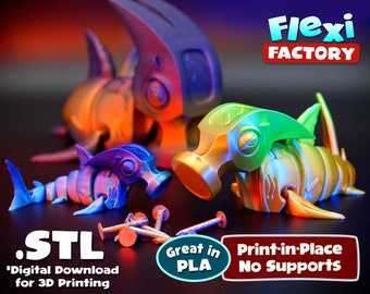 May include: Three 3D printed, articulated, hammerhead shark models in various colors, including blue, green, and gold. The models are printed in place with no supports needed. The text "Flexi FACTORY" and "Great in PLA" are visible in the image. The text "STL *Digital Download for 3D Printing" is also visible.