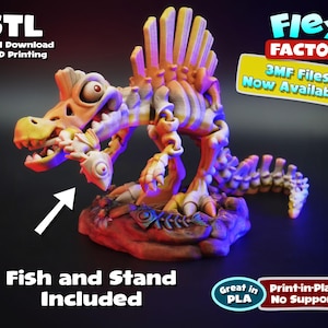 May include: A 3D printed model of a skeletal dinosaur with a spiky back, holding a fish in its mouth. The dinosaur is printed in orange, yellow, and white colors. The model is on a red and orange base. The text "Flexi FACTORY" and "3MF Files Now Available!" is in the upper right corner of the image. The text ".STL *Digital Download for 3D Printing" is in the upper left corner of the image. The text "Fish and Stand Included" is below the model. The text "Great in PLA" is in a green circle below the model. The text "Print-in-Place No Supports" is in a red rectangle below the model.