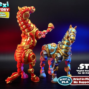 May include: Two articulated mechanical horse figures with segmented bodies. One horse is red and gold, standing on its hind legs. The other horse is gold, blue, and silver, standing on all four legs. Text includes Flexi Factory, 3MF Files Included, .STL, Digital Download for 3D Printing, Great in PLA, and Print-in-Place No Supports.