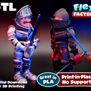 Puede incluir: Tres caballeros en miniatura impresos en 3D con armadura azul, negra y dorada, sosteniendo espadas. El texto '.STL *Descarga digital para impresión 3D Excelente en PLA Impresión en el lugar Sin soportes Flexi FACTORY' es visible en la imagen.