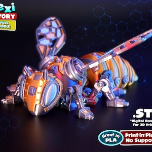 May include: A mechanical bee figurine with a metallic orange and blue finish. The insect features segmented wings, articulated legs, and a robotic head design. Text on the image includes Flexi Factory, 3MF Files Included, .STL, Digital Download for 3D Printing, Great in PLA, and Print-in-Place No Supports.