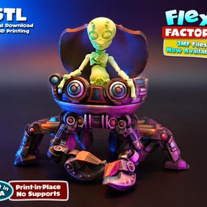 May include: A green alien figure sits in a chair attached to a multi-legged, mechanical spider-like creature. The chair and spider are made of metal and have a steampunk aesthetic. The text "Flexi FACTORY" and "3MF Files Now Available!" is visible in the background. The text "Great in PLA" and "Print-in-Place No Supports" is visible in the foreground.