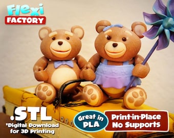 Flexi Factory Print-In-Place Teddy Bears with Pinwheel 3D STL and 3MF Files for printing!