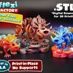 Puede incluir: Tres modelos de dinosaurios impresos en 3D, uno naranja, uno marrón y uno azul, con un diseño esquelético. Los modelos se imprimen en su lugar y no requieren soportes. El texto "Flexi FACTORY 3MF Files Now Available!" está en la esquina superior izquierda. El texto ".STL *Digital Download for 3D Printing" está en la esquina superior derecha. El texto "Great in PLA Print-in-Place No Supports" está en la esquina inferior izquierda.