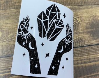 magic hands with crystal vinyl sticker | crystal and moon vinyl decal | occult, wiccan, pagan, spiritual vinyl stickers | magical stickers