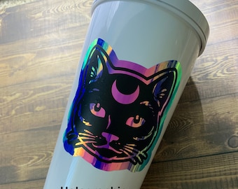 holographic kitty vinyl sticker | occult cat permanent decal | black cat vinyl sticker | pagan decal for laptop, tumbler | witchy decal