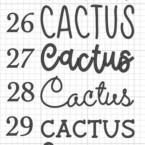 May include: A close-up of ten different variations of the word "Cactus" written in different fonts and styles. The word "Cactus" is written in black on a white grid background.