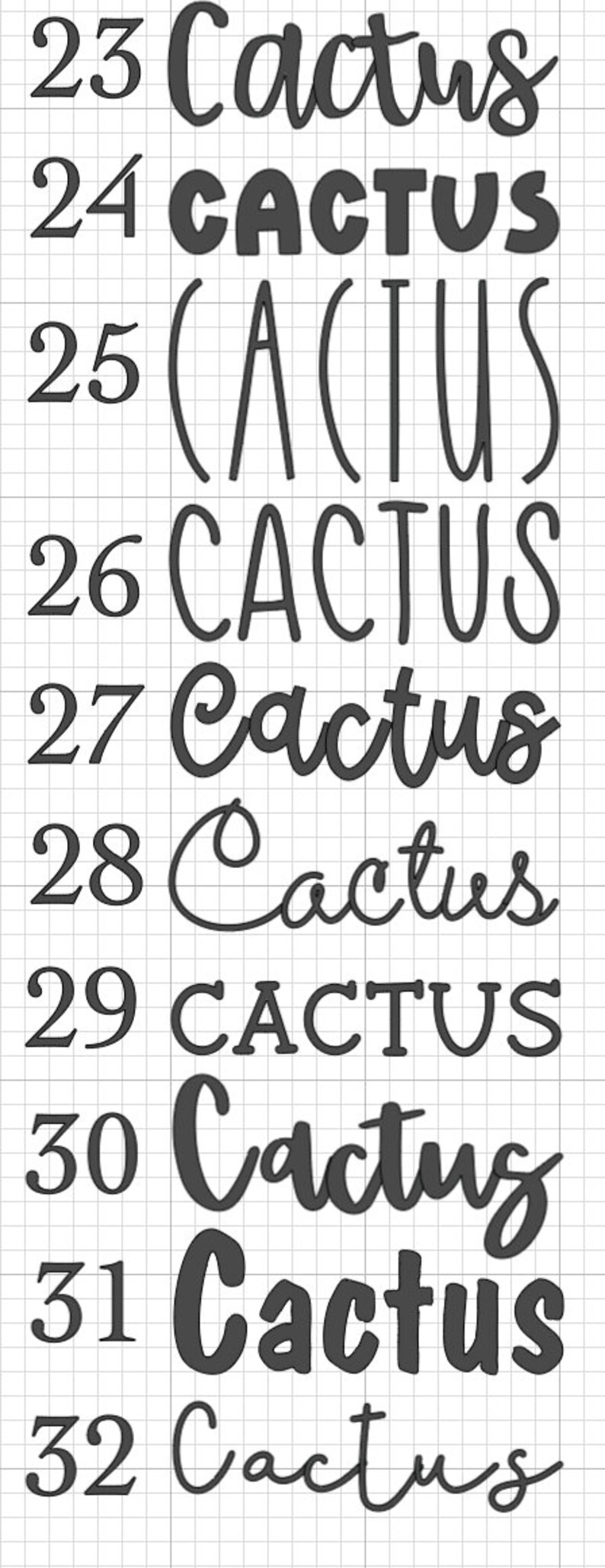 May include: A close-up of ten different variations of the word "Cactus" written in different fonts and styles. The word "Cactus" is written in black on a white grid background.