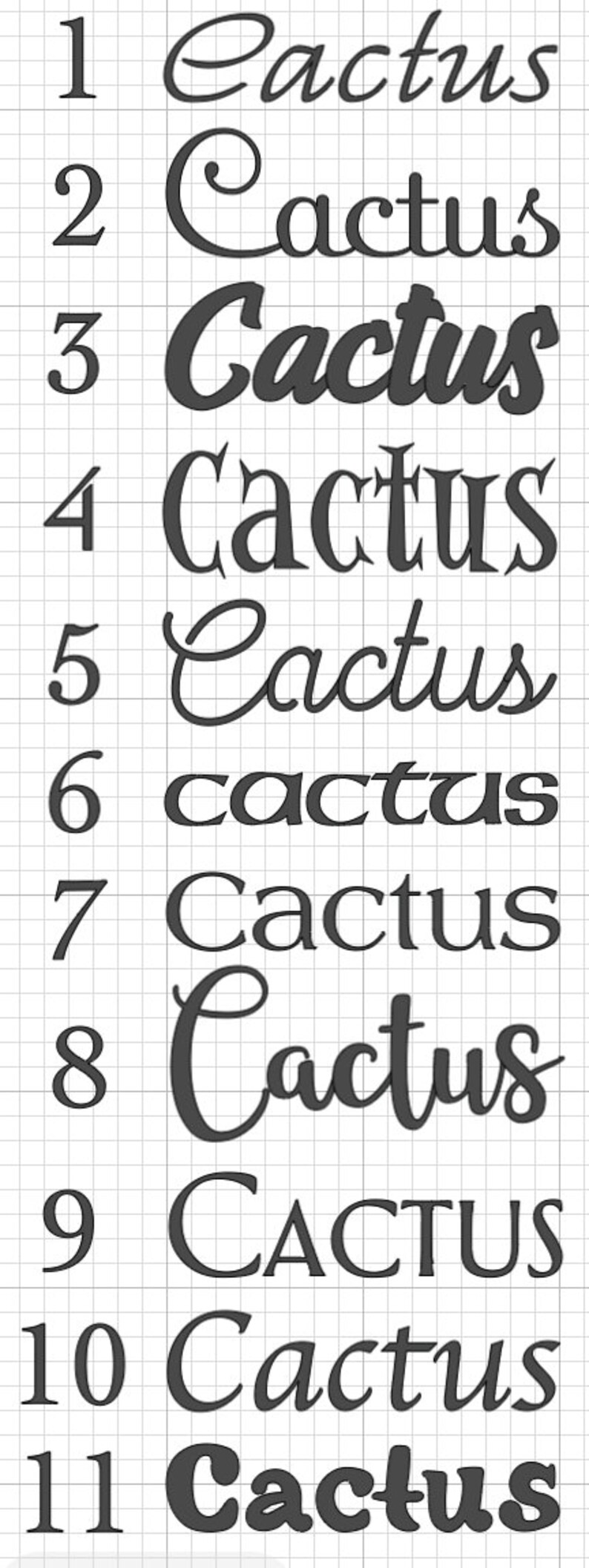 May include: A close-up of the word "Cactus" written in different fonts and styles, numbered 1 through 11.
