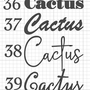 May include: A series of ten images showing the word "Cactus" written in different styles and fonts. The word "Cactus" is written in a simple, blocky font, a cursive font, and a variety of other styles. The images are numbered from 33 to 42.