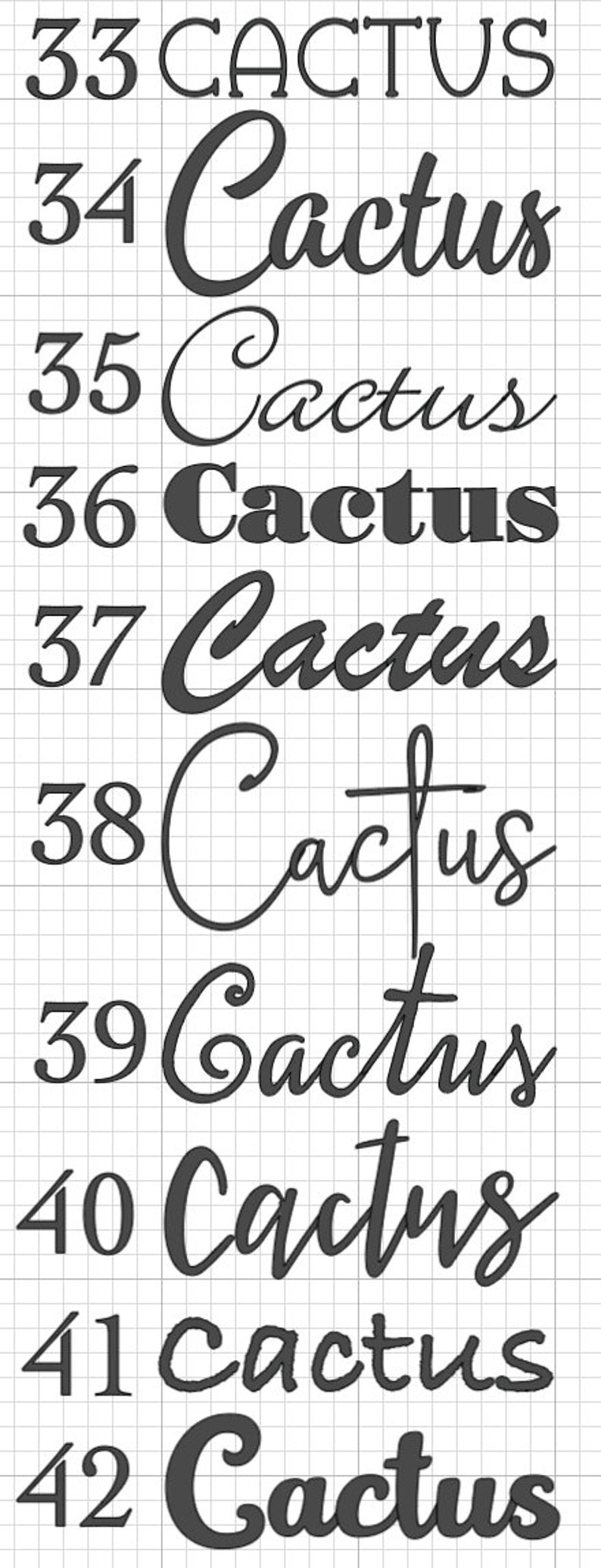 May include: A series of ten images showing the word "Cactus" written in different styles and fonts. The word "Cactus" is written in a simple, blocky font, a cursive font, and a variety of other styles. The images are numbered from 33 to 42.