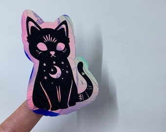 holographic kitty vinyl sticker | occult cat permanent decal | black cat vinyl sticker | pagan decal for laptop, tumbler | witchy decal