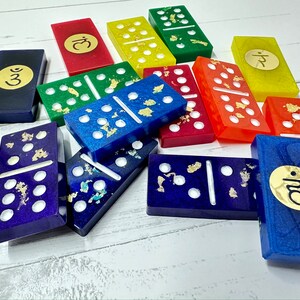 chakra domino set | rainbow resin dominoes | chakra rainbow domino game | set of 28 double six colorful dominoes | chakra accessories